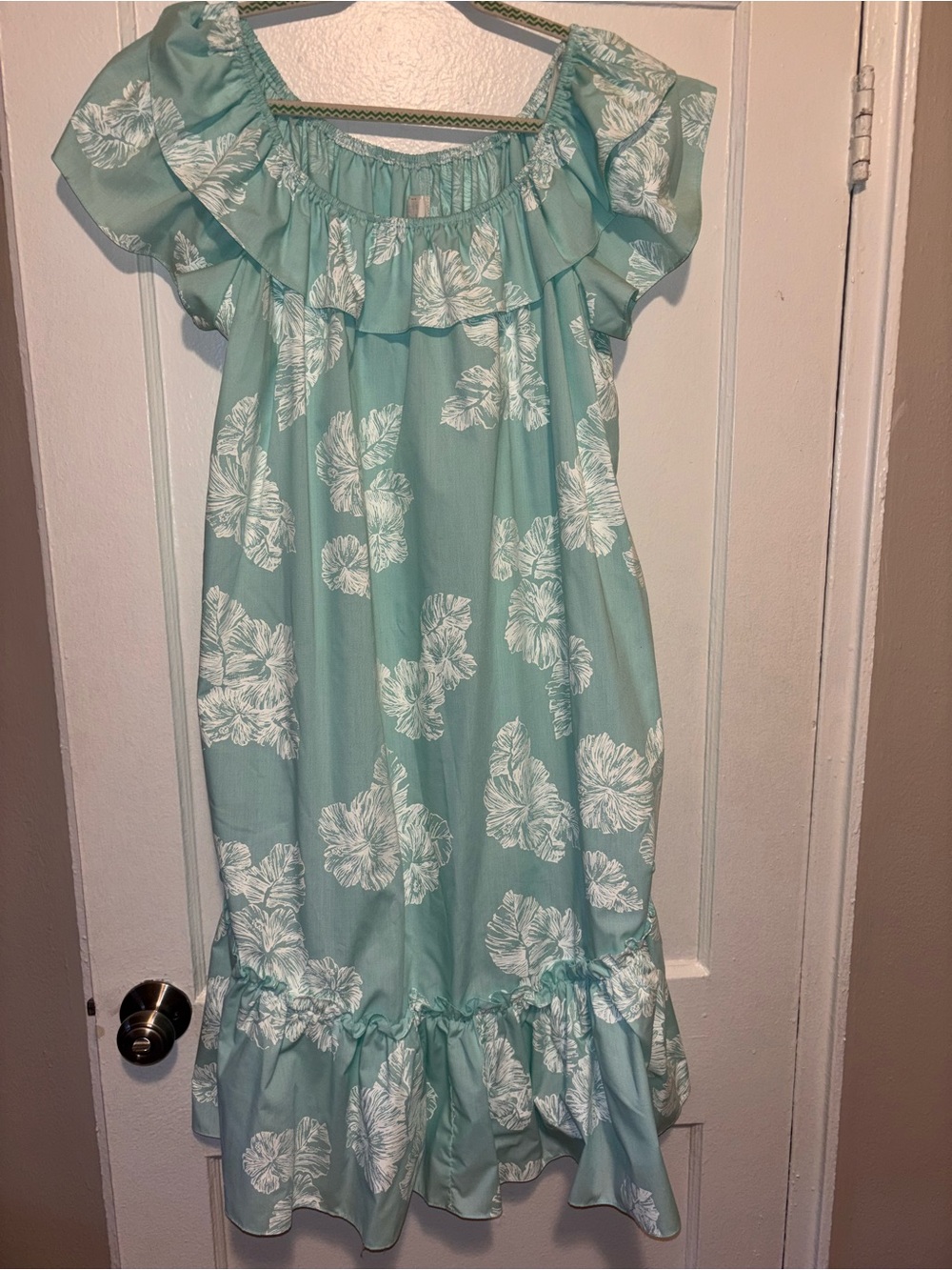 Vintage 90s Hawaiian Dress Print Floral Cotton Blend XL Blue Ruffle Midi Resort